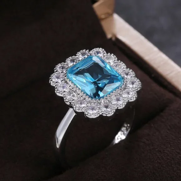 NEW Silver Radiant Cut Aquamarine Halo Ring